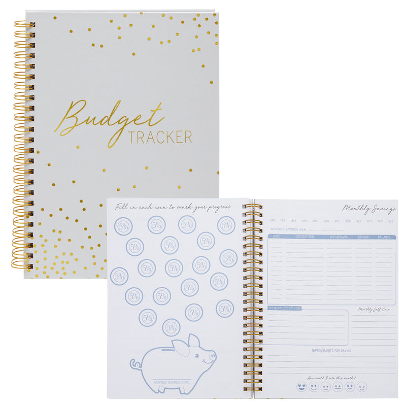 Budget Tracker Notebook, Hardcover Monthly Expense Journal Planner (8.5" x 6", Gold Foil Dots)