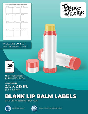 240 Pack Printable Lip Balm Labels for Tubes, Bulk Customizable Stickers for Containers (20 Sheets, 2.15x2.15 in)