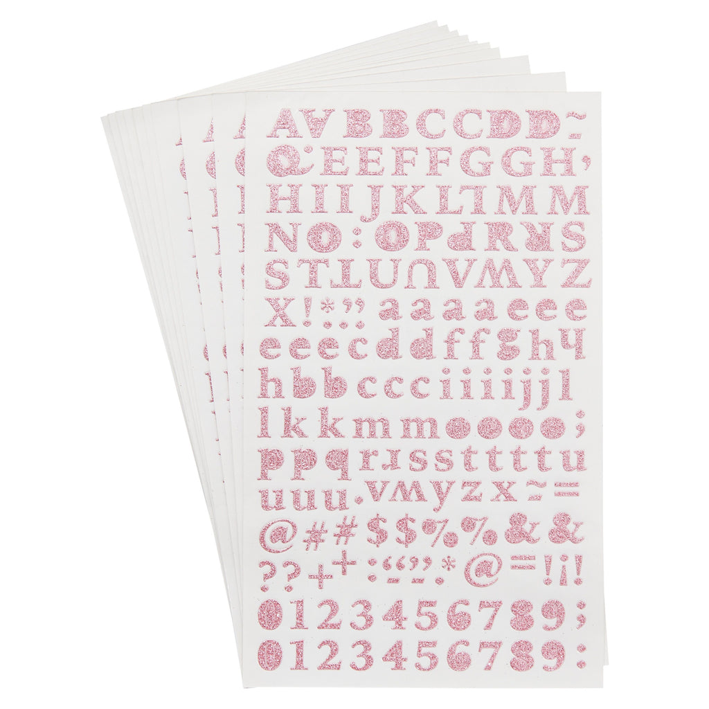 Set of 2 Small Pink Glitter Alphabet and Number Stickers, Upper and Lower Case and Punctuation Marks (10 Sheets)