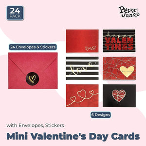 Mini Valentine's Cards with Envelopes and Stickers, 6 Designs (24 Pack)