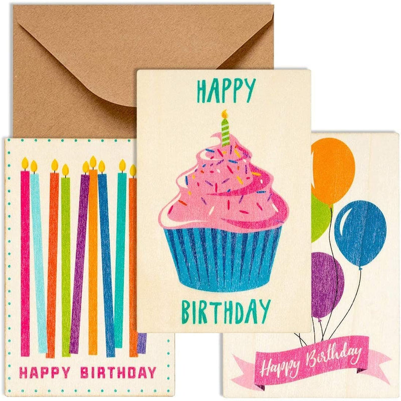 12-Pack Wooden Happy Birthday Cards, 3 Colorful Designs, Envelopes Included, 3 X 5 inches