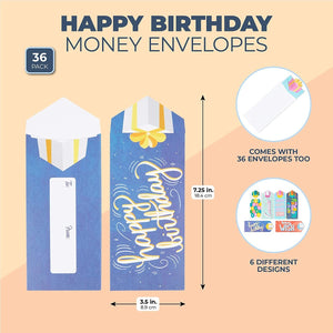 36 Pack Bulk Happy Birthday Money Envelopes for Cash Gifts, Coins, Checks (4 x 7 In)