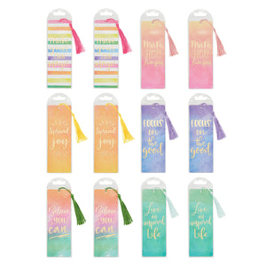 12 Pack Watercolor Inspirational Bookmarks with Tassels and Sleeves for Book Lovers, 6 Motivational Quotes (2.5 x 7 In)