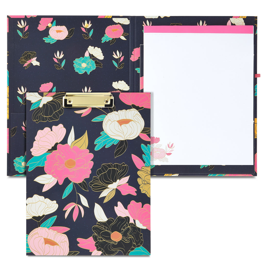 Floral Clipboard Folio with Notepad, Low Profile Clip and Interior Storage Pocket, Cute Clipfolio Business Folder (13 x 9 In)