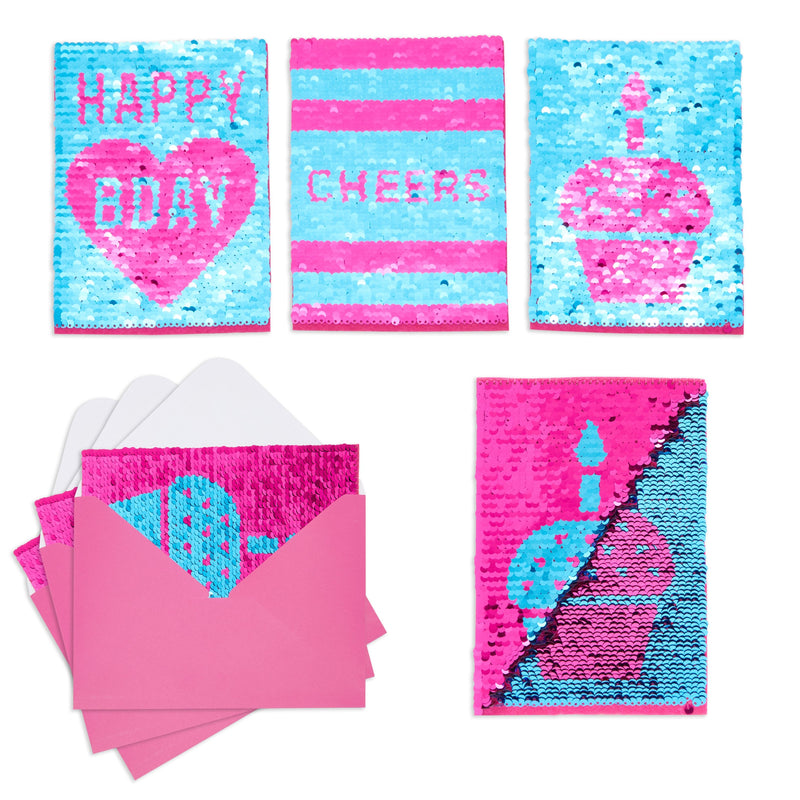 Sequins Happy Birthday Cards and Envelopes, Cupcake and Cheers Designs (Set of 3)