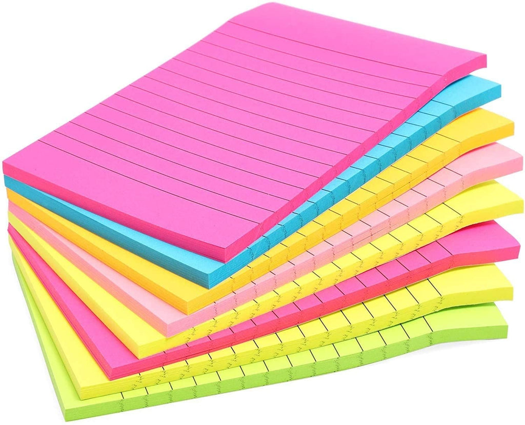 8-Pack Lined Sticky Notes in Bright Neon Colors, Self-stick Memo Notepad 4" x 6" for Office & School