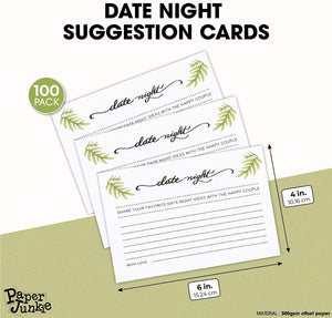 Date Night Idea Cards for Bridal Shower and Wedding (4 x 6 Inches, 100-Pack)