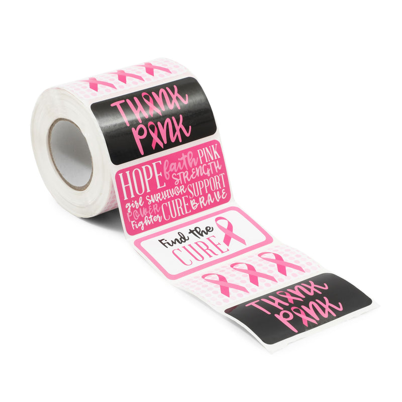 500 Pcs Breast Cancer Awareness Stickers Roll, 3 x 1.5 inches