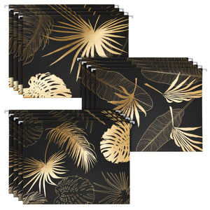 12 Pack 1/5 Cut Hanging File Folders Letter Size, Gold Foil Leaf Designs (3 Designs, 12 x 9 In)
