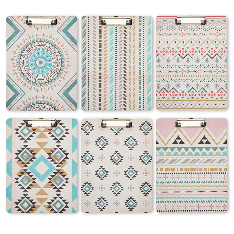 6 Pack Clipboards with Low Profile Clip and Hook, Letter Size Paper Storage, 6 Bohemian Style Designs (9x12 In)