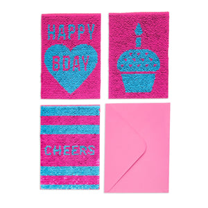 Sequins Happy Birthday Cards and Envelopes, Cupcake and Cheers Designs (Set of 3)