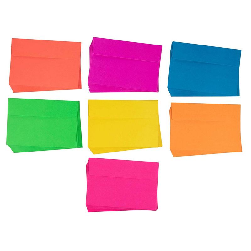 Neon A4 Envelopes - 112-Count Invitation Envelopes, 4 x 6 Gummed Seal Square-Flap Invite Envelope for Wedding, Birthday, Baby Shower, Greeting Card, 120gsm, 7 Assorted Colors, 4.25 x 6.25 Inches