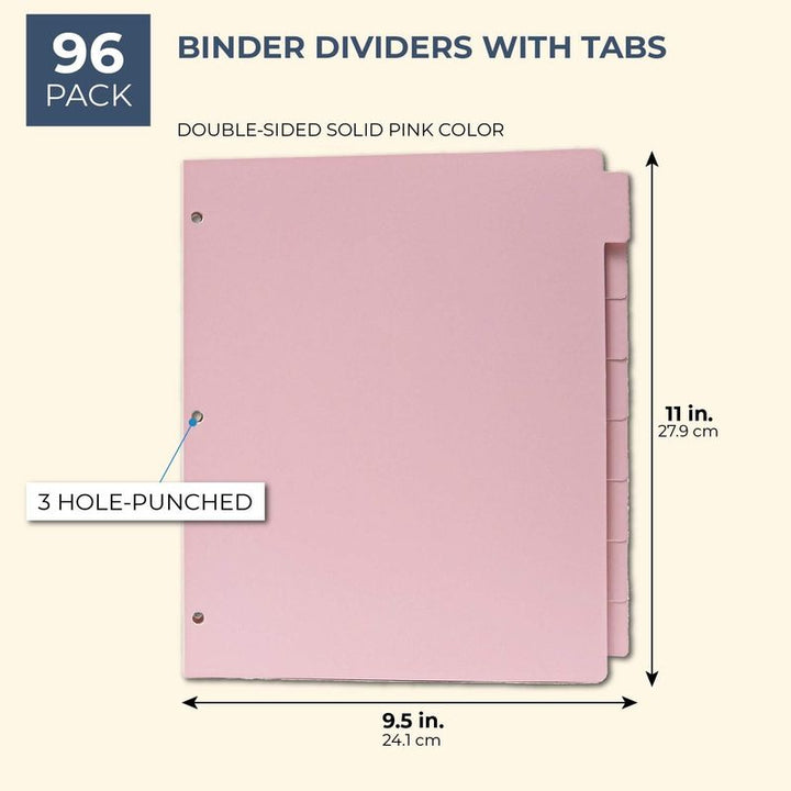 12 Pack Paper Binder Dividers for 3 Ring Binders with 8 Tabs, Pink