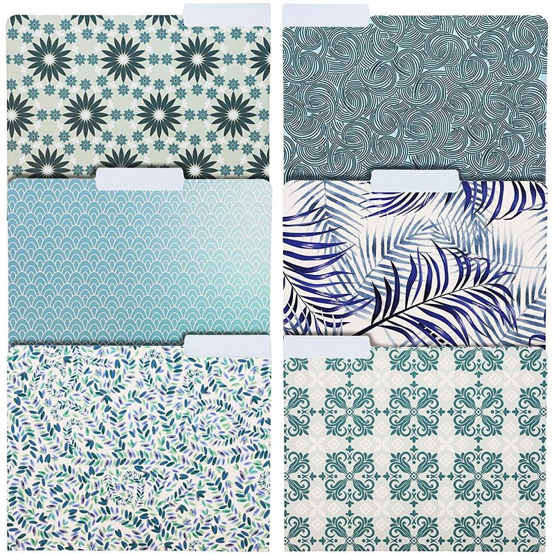 24 Pack Decorative File Folders in 6 Blue Tones Floral Designs, Letter Size, 9.5 x 11.5 in.