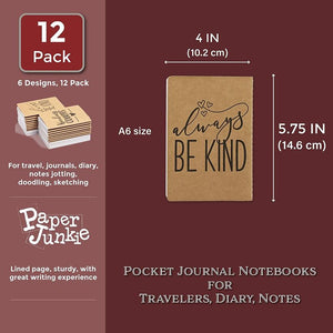 12 Pack Kraft Pocket Journals, Lined Notebooks (Kindness Counts, A6)