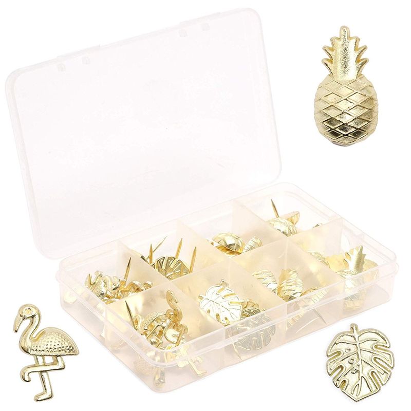 Gold Push Pins, Tropical Office Supplies (3 Designs, 36 Pack)