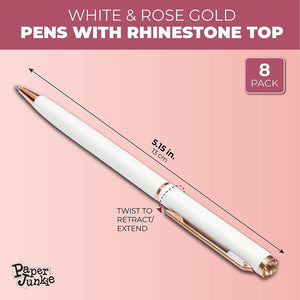 White Ball Point Pens and Rose Gold Gemstone (8-Pack)