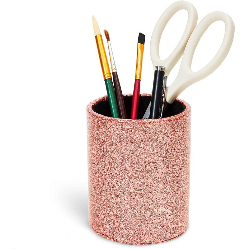 Rose Gold Glitter Pen and Pencil Holder, Desk Organizer (3.25 x 4 Inches)