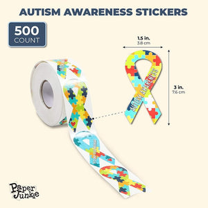 Autism Awareness Ribbon Stickers Roll (1.5 x 3 in, 500 Stickers)