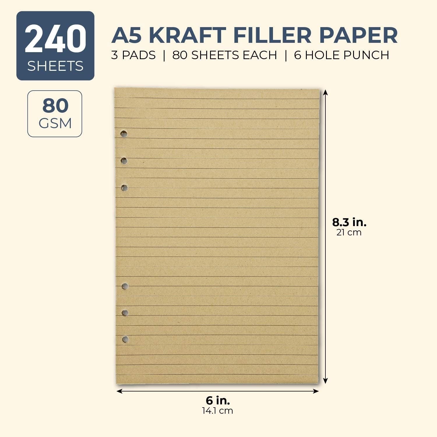 6 Ring Kraft Filler Paper (A5 Size, 3-Pack, 80 Sheets) – Paper Junkie