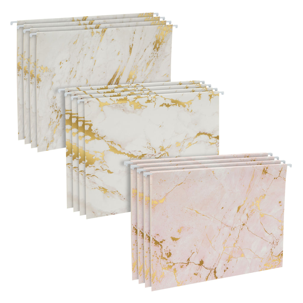 12 Pack White and Pink Decorative Hanging File Folders with 1/5 Tab for Filing Cabinet, Gold Foil Marble Design (11.75 x 9 In)