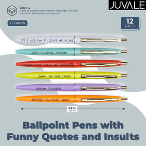 12 Pack Snarky Ballpoint Pens with Sarcastic Quotes, Funny Work Pens for Adults, Colleagues, Work Humor, Employee Appreciation Gifts, Office Supplies, 6 Assorted Colors