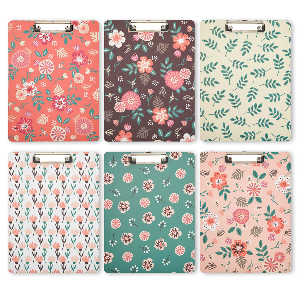 6 Pack Clipboards with Low Profile Clip and Hook, Letter Size Paper Storage, 6 Floral Designs (9x12 In)