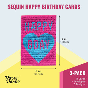 Sequins Happy Birthday Cards and Envelopes, Cupcake and Cheers Designs (Set of 3)